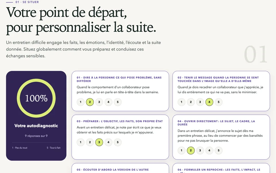 Écran d’autodiagnostic du module « Mener les entretiens difficiles » : neuf affirmations notées de 1 à 5